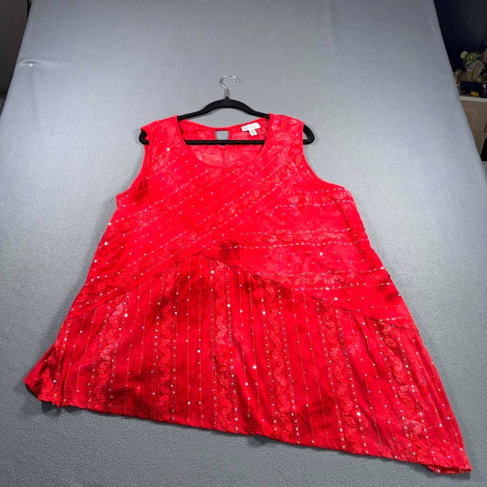 DressBarn Womens‎ 3X Red Sequin Embellished Asymmetrical Hem Tunic Blouse Top